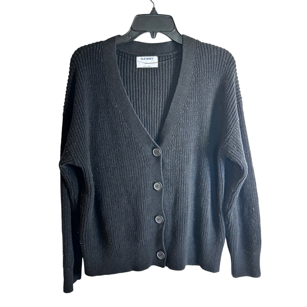 Old Navy Cardigan L Black Linen Blend Button Front V-Neck Sweater Womens